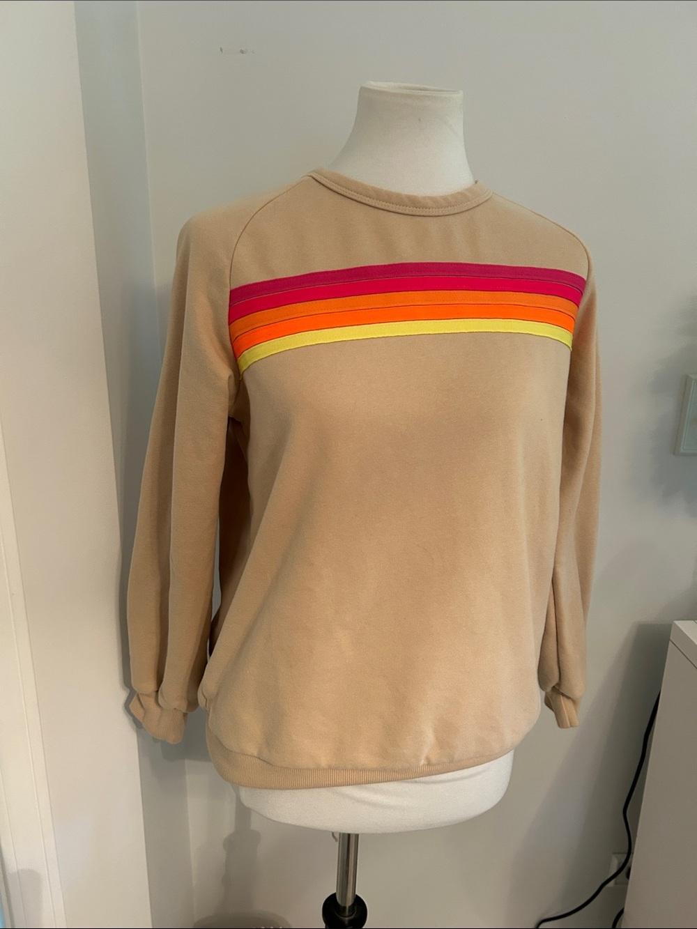 Cutest Light Tan Rainbow Stripe Fitted Crewneck Sweater